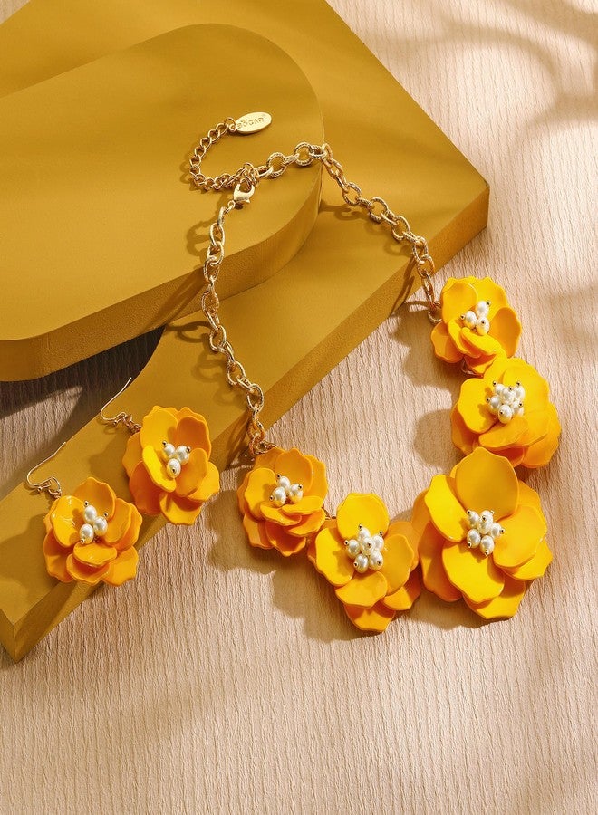 بوكار قلادة بوكار الزهرية، طقم قلادات وأقراط صيفية أنيقة للنساء، هدية مثالية لحفلات المجوهرات النسائية (NK-10735-Yellow-set) - Image 3