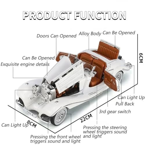 Magicwand® Die-Cast Zinc Alloy 1:24 Scale 1936 Merrc-Bennz Classic Large with 4 Openable Doors,Lights & Music & Working Steering【White】【Pack of 1】 - Image 2