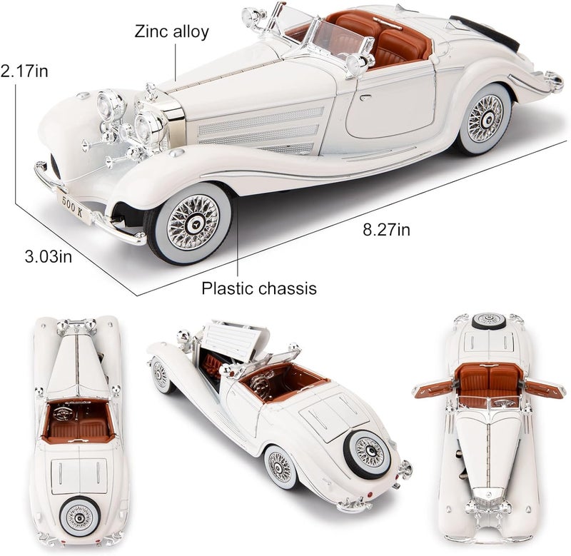 Magicwand® Die-Cast Zinc Alloy 1:24 Scale 1936 Merrc-Bennz Classic Large with 4 Openable Doors,Lights & Music & Working Steering【White】【Pack of 1】 - Image 5