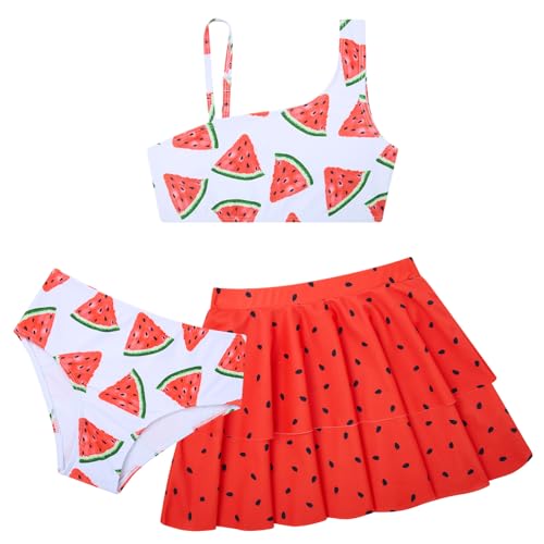 RAISEVERN Girls Bathing Suit 11-12 Years 3 Piece Swimsuit Adjustable Spaghetti Strap Watermelon Bikini Sets with Ruffle Cover Ups Beach Skirt Size 12 Cute Quick Dry Tankini Summer Swimwear - Image 1