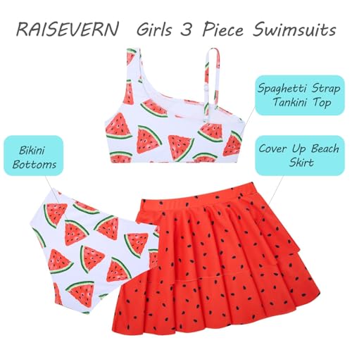 RAISEVERN Girls Bathing Suit 11-12 Years 3 Piece Swimsuit Adjustable Spaghetti Strap Watermelon Bikini Sets with Ruffle Cover Ups Beach Skirt Size 12 Cute Quick Dry Tankini Summer Swimwear - Image 4