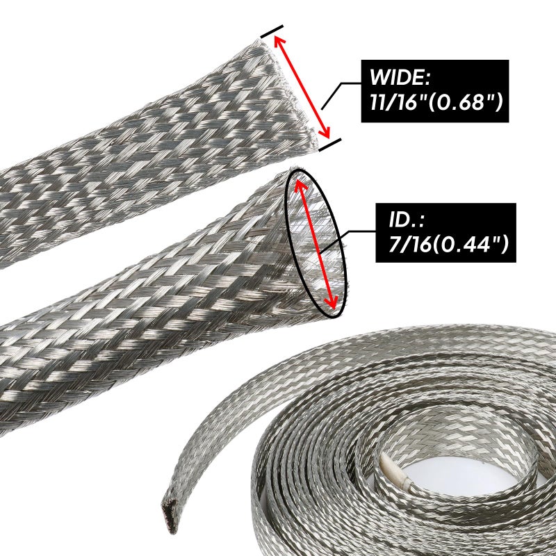 Generic BuyUneed Wire Interfernce Shielding EMI RFI ESD Prevention Tinned Copper Metal Braid Ground Strap Cable Sleeve Mesh Signal Screening Automotive Engine Grounding 7/16" ID (11/16 inch - 8ft)  - Image 2