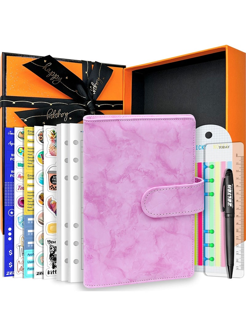 PU Leather Personal Notebook Planner with 67 Pages Loose-Leaf Papers 6 Holes Ring Binder Pen Holder Magnetic Buckle  (Pink Marble)