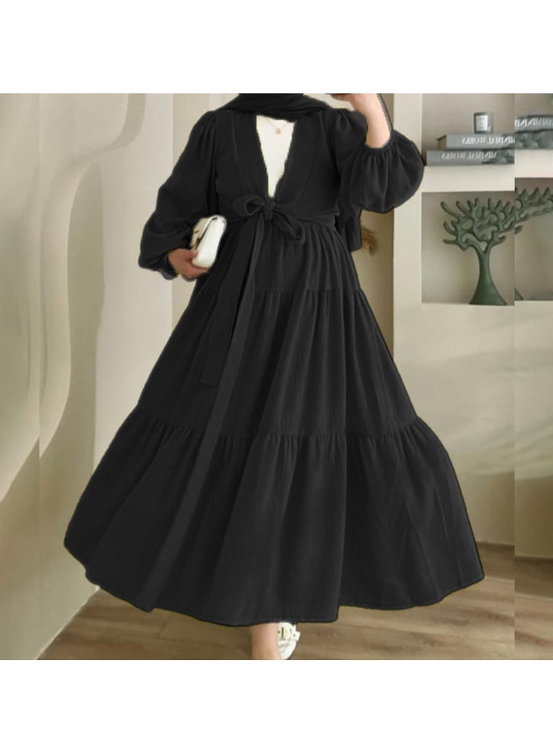 Women's Long Tiered Maxi Dress- V-Neck with Bow Tie- 3 Pieces Skirt Top Blouse-One Size - Image 2