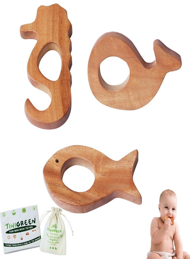 TINIGREEN Fish Dolphin Seahorse Shaped Organic Neem Wood Teether Combo for Baby (Pack of 3) - Image 1