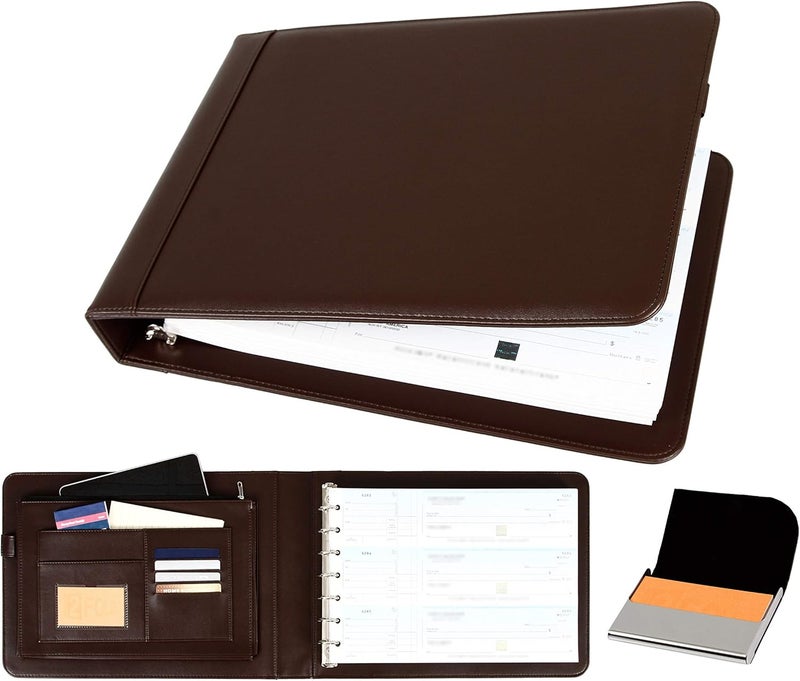 2Fold Business Check Binder 7 Ring for 3-Up Business Size Checks with Extra Business Card Case - PU Leather Deluxe 7 Ring Checkbook Binder Portfolio with 600 Check Capacity and Storage - Image 1