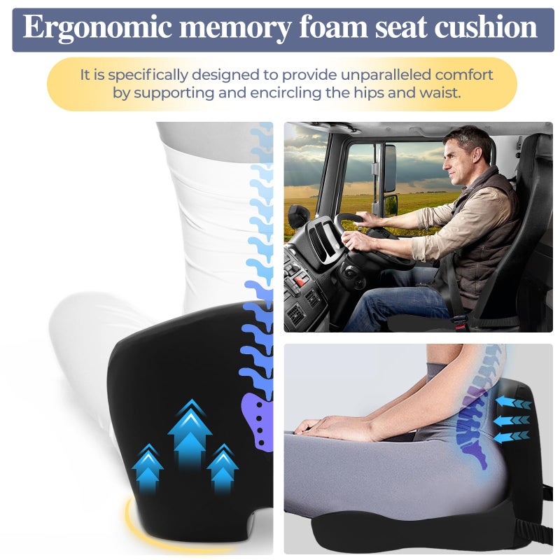 Mosxoed Memory Foam Seat Cushion for Sciatica & Back Pain Relief - Ergonomic Chair Pad with Adjustable Strap & Supportive Comfort Cover, Non-Slip for Car, Truck, Office Chair -Black - Image 3