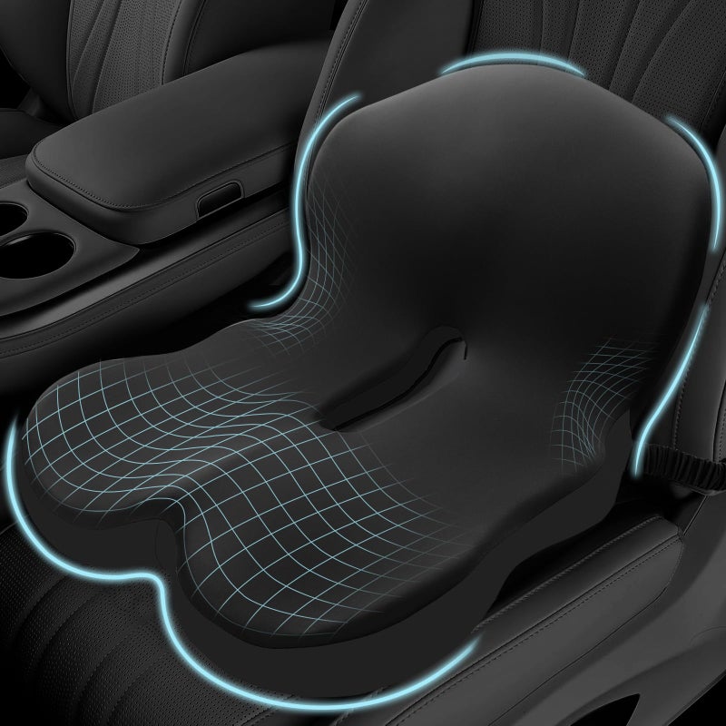 Mosxoed Memory Foam Seat Cushion for Sciatica & Back Pain Relief - Ergonomic Chair Pad with Adjustable Strap & Supportive Comfort Cover, Non-Slip for Car, Truck, Office Chair -Black - Image 1