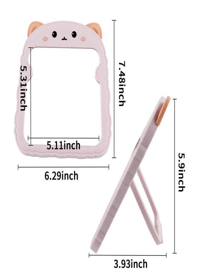 TBWHL Cute Desk Mirror Cartoon Cat Mirror for Desk, Desktop Mirror with Stand for Girls, Kids, Hanging Vanity Makeup Mirror for Bedroom, Bathroom, Office (Pink Cat) - Image 2
