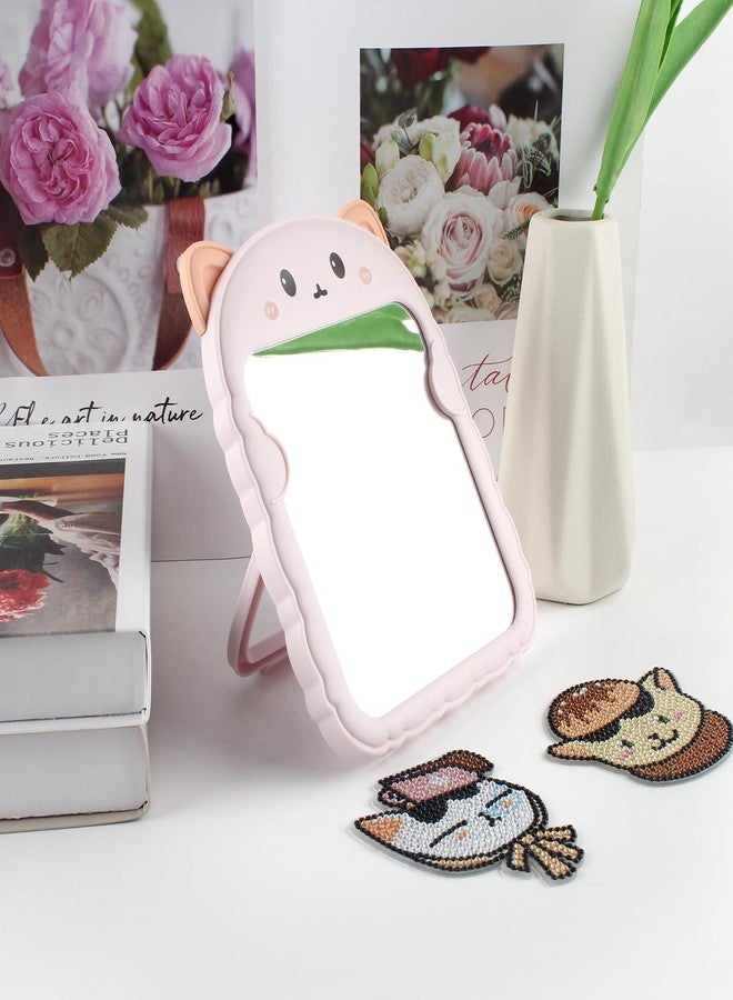TBWHL Cute Desk Mirror Cartoon Cat Mirror for Desk, Desktop Mirror with Stand for Girls, Kids, Hanging Vanity Makeup Mirror for Bedroom, Bathroom, Office (Pink Cat) - Image 3