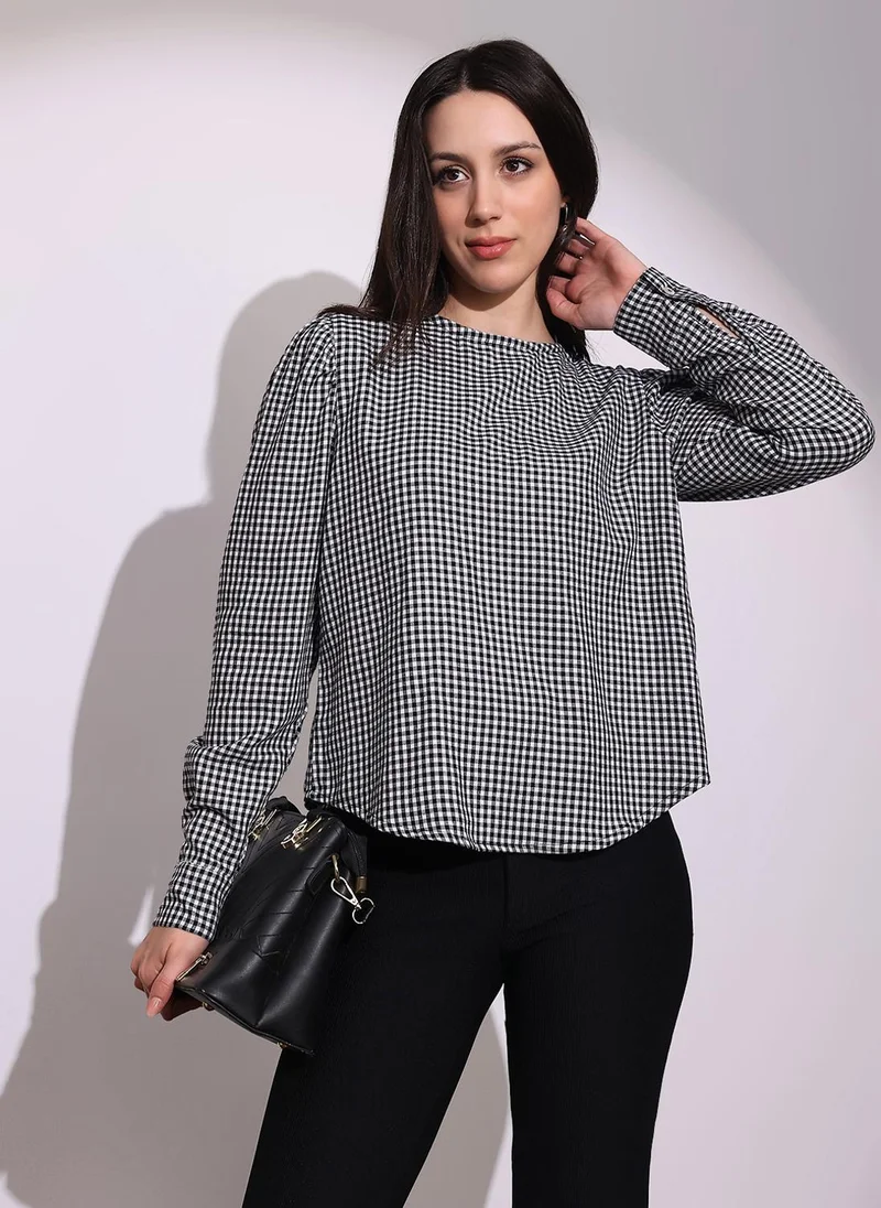 globus Globus Women Black & White Checked Back Button Detailing Cuffed Sleeves Curved Hem Workwear Top