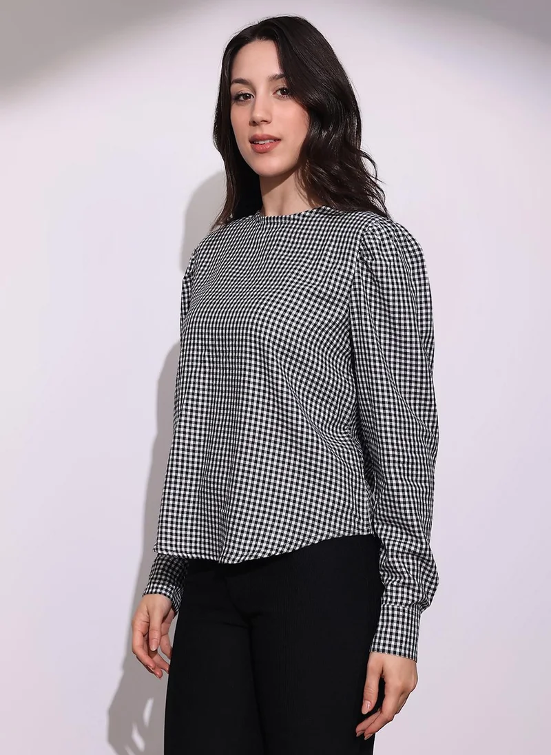 globus Globus Women Black & White Checked Back Button Detailing Cuffed Sleeves Curved Hem Workwear Top