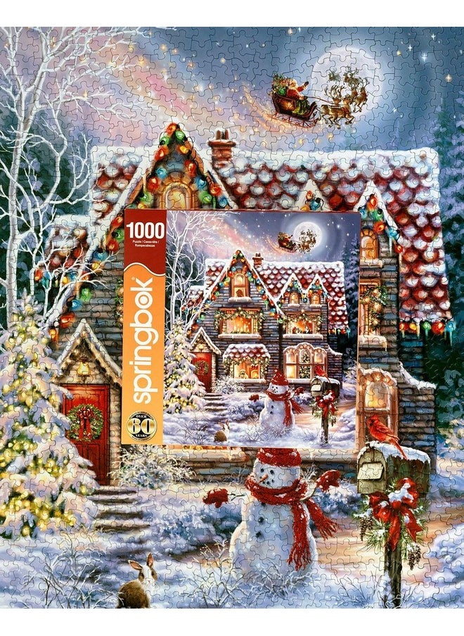 سبرينغبوك لغز الصور المقطوعة المكون من 1000 قطعة من Springbok's Christmas Eve Cottage هو صورة كلاسيكية لكوخ عيد الميلاد المريح مع رجل ثلج وسانتا يبحران في زلاجته أعلاه  - Image 3