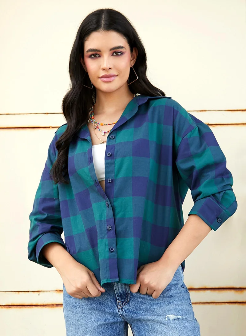 كامبوس سوترا Women's Green & Blue Buffalo Check Oversized Shirt For Casual Wear | Spread Collar | Long Sleeve | Button Closure | Oversized Shirt Crafted With Comfort Fit For Everyday Wear