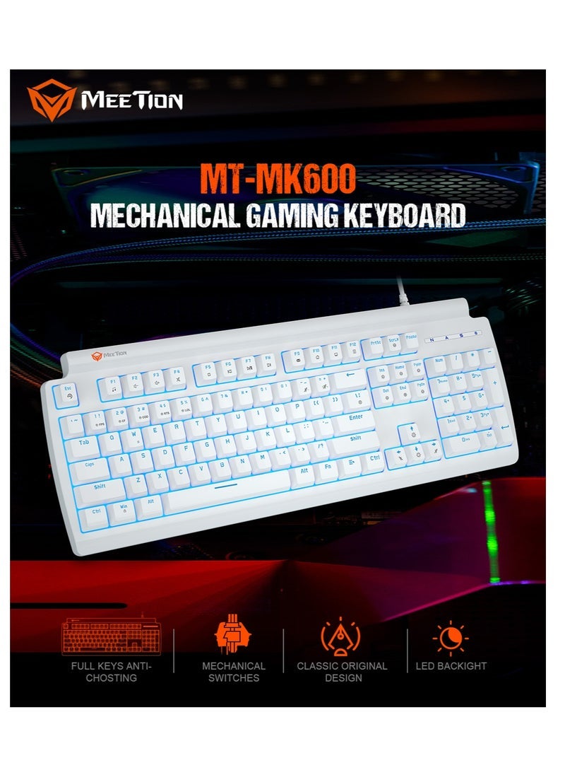 Meetion Meetion MK600 Mechanical Keyboard Anti-ghosting Full keys No. of keys 104/105 Keyboard Type Blue Light White Body OS Compatibility Windows XP/Vista/7/8/10  MAC OS X Interface USB  - Image 5