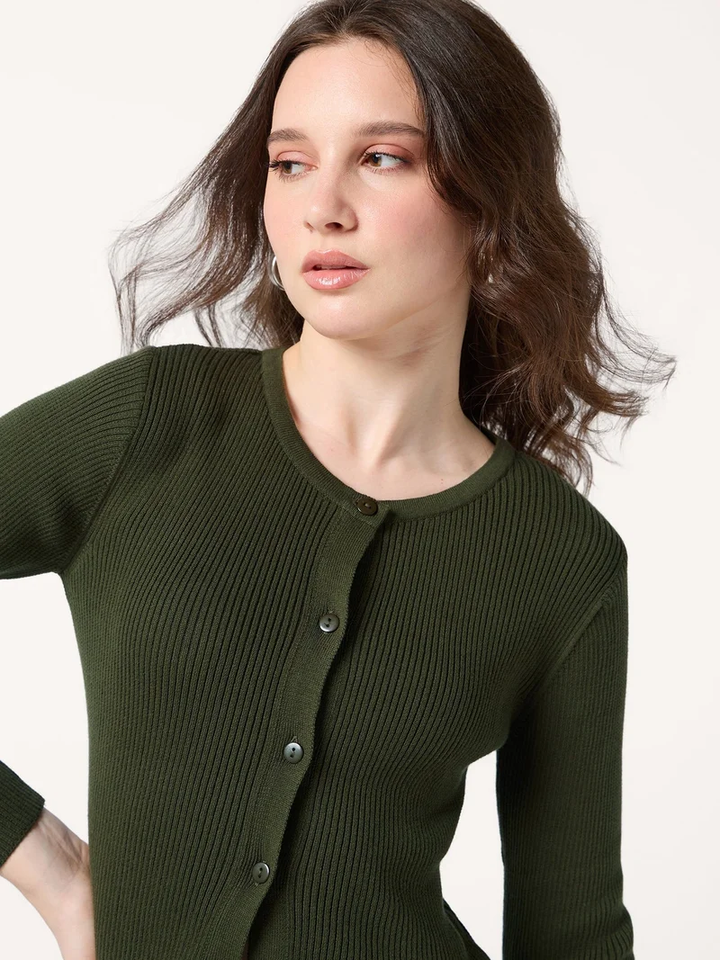Outzidr  Olive Flat Knit Button Down Knit Top for Women | Best Price UAE
