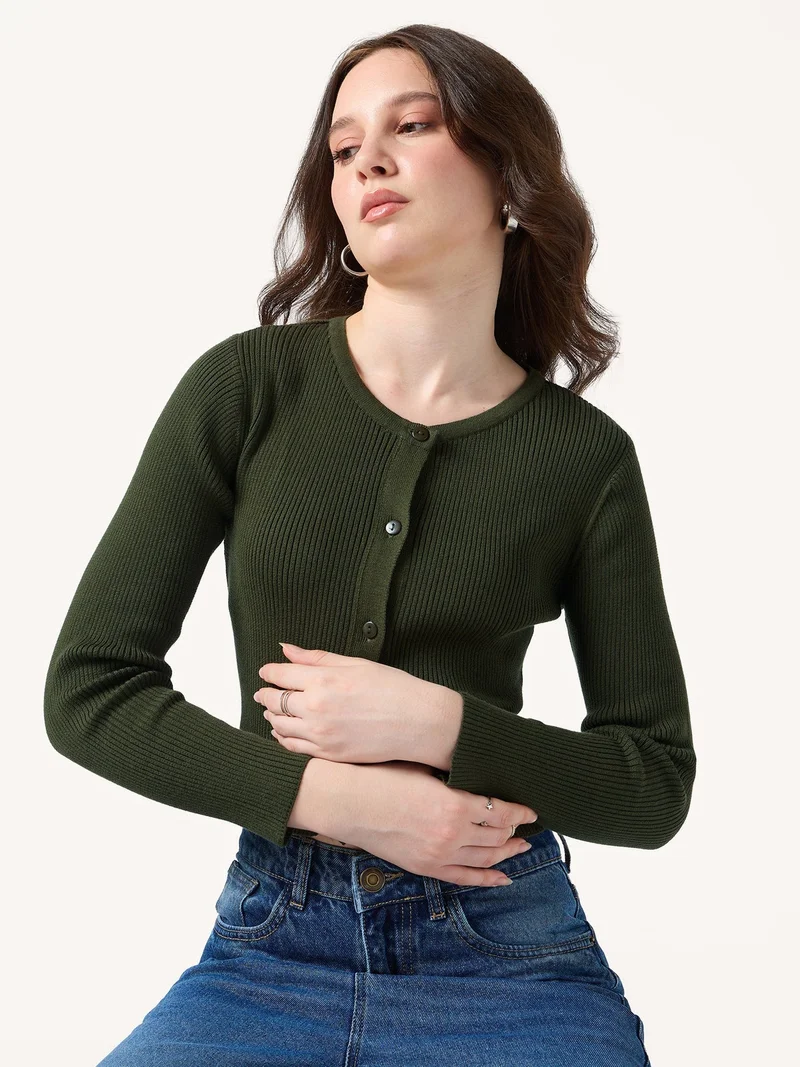 Outzidr  Olive Flat Knit Button Down Knit Top for Women | Best Price UAE
