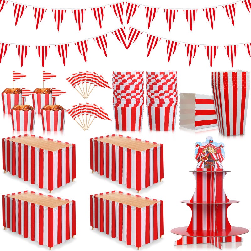 Tatuo Circus Theme Party Decorations Include 2 Carnival Banner 4 Carnival Table Skirts Tablecloth 24 Popcorn Boxes 100 Cupcake Wrappers 3 Tier Cupcake Stand for Party Decoration