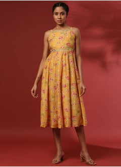 Abhishti fit and flare dress with zari embroidery-yellow  - Image 1