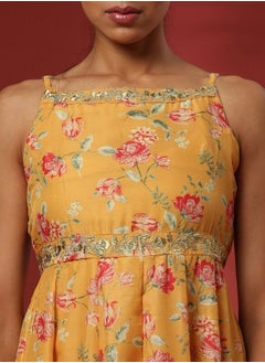 Abhishti fit and flare dress with zari embroidery-yellow  - Image 2