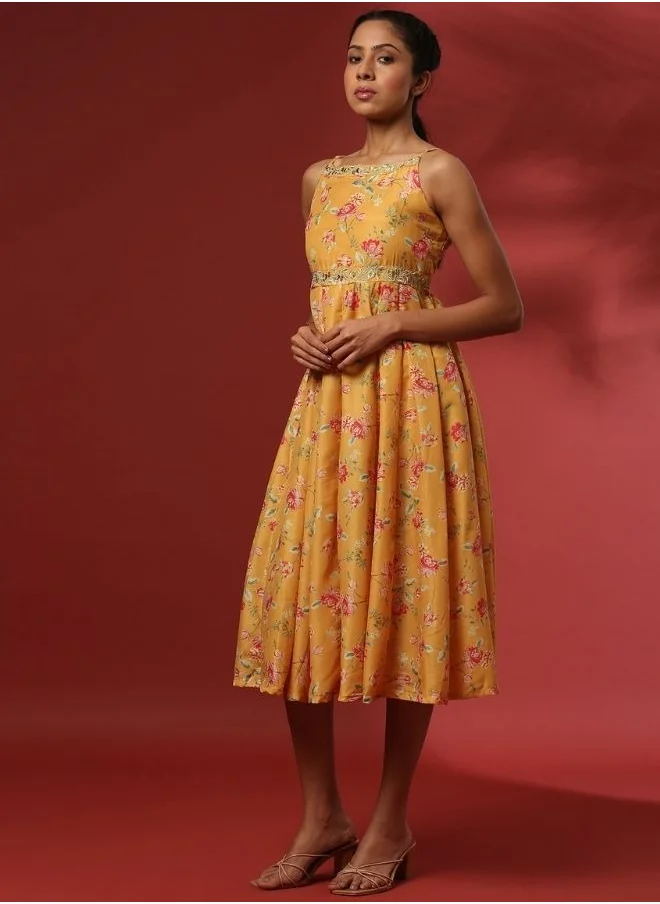 Abhishti fit and flare dress with zari embroidery-yellow