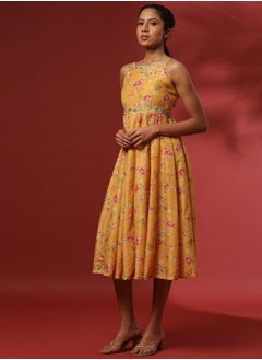 Abhishti fit and flare dress with zari embroidery-yellow  - Image 3