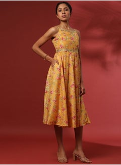 Abhishti fit and flare dress with zari embroidery-yellow  - Image 4