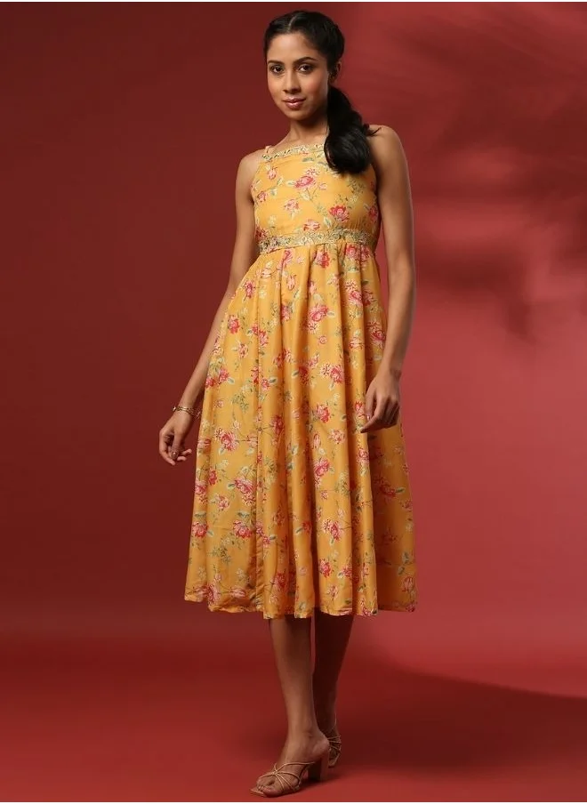 Abhishti fit and flare dress with zari embroidery-yellow