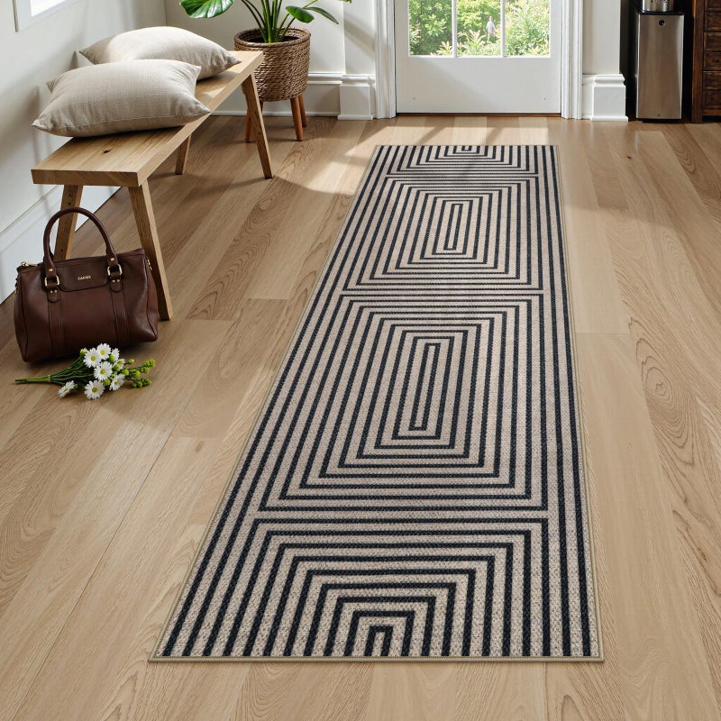 Collive Modern Geometric Easy Jute Outdoor Runner Rug, 2 x 6 Washable Black Kitchen Runner Rugs for Hallway Non Slip, Farmhouse Woven Non-Shedding Indoor Door Mat for Entrance Laundry Porch Foyer - Image 1