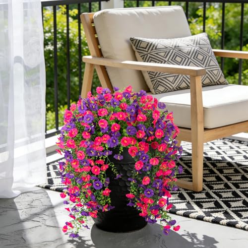 ADXORA Fake Artificial Hanging Morning Glory Flowers for Outdoor Planters Porch Pation Decoration2 Bundles UV Resistant Silk Faux Flowers with Realistic Eucalyptus Plants for Home Office Garden Decor - Image 3