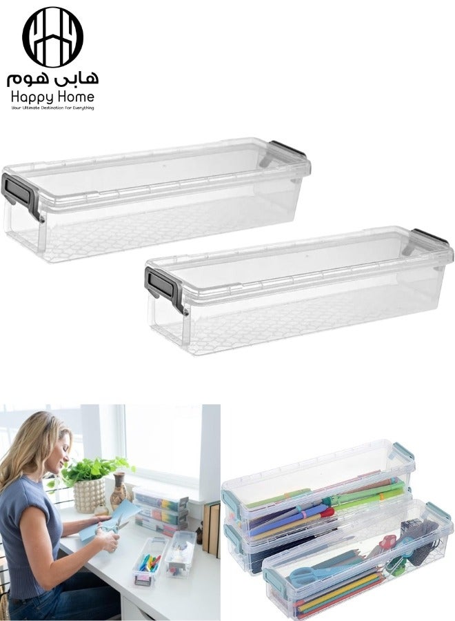 Happy Home 2 Pack Tall Stackable Plastic Box for Home, Office Supplies Storage Organizer, Plastic Organizer Box for Gel Pens, Erasers, Pens, Pencils and More (2.3L Capacity) - Image 1