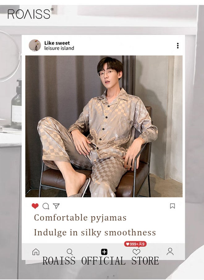roaiss - 2-Piece Set Men's Long Sleeves Sleepwear Sets Satin Checked Printing Sleepwear Pajamas Pants Silk Nightgown Male Loose Shirts Spring Summer Loungewear Home Clothes - Image 1