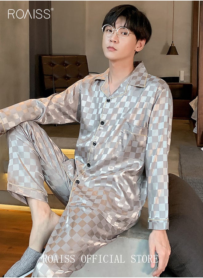 roaiss - 2-Piece Set Men's Long Sleeves Sleepwear Sets Satin Checked Printing Sleepwear Pajamas Pants Silk Nightgown Male Loose Shirts Spring Summer Loungewear Home Clothes - Image 1