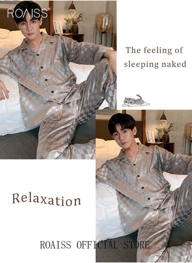 roaiss - 2-Piece Set Men's Long Sleeves Sleepwear Sets Satin Checked Printing Sleepwear Pajamas Pants Silk Nightgown Male Loose Shirts Spring Summer Loungewear Home Clothes - Image 1
