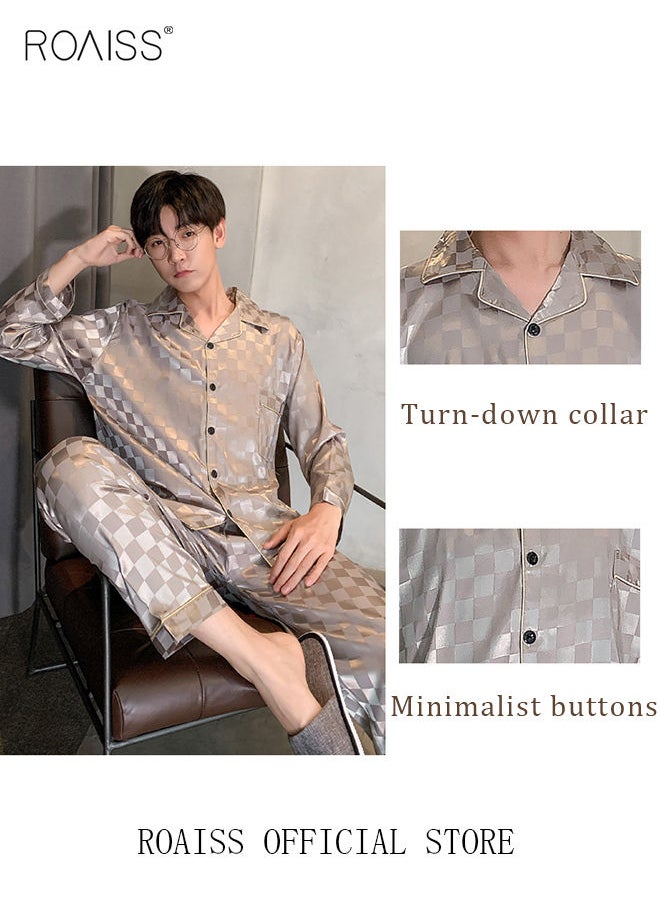 roaiss - 2-Piece Set Men's Long Sleeves Sleepwear Sets Satin Checked Printing Sleepwear Pajamas Pants Silk Nightgown Male Loose Shirts Spring Summer Loungewear Home Clothes - Image 1