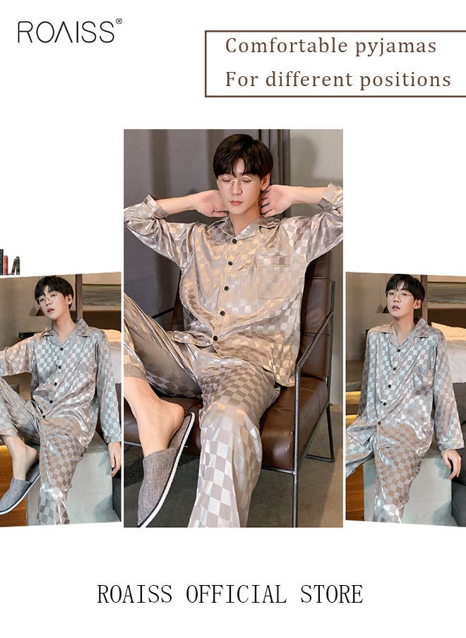 roaiss - 2-Piece Set Men's Long Sleeves Sleepwear Sets Satin Checked Printing Sleepwear Pajamas Pants Silk Nightgown Male Loose Shirts Spring Summer Loungewear Home Clothes - Image 1
