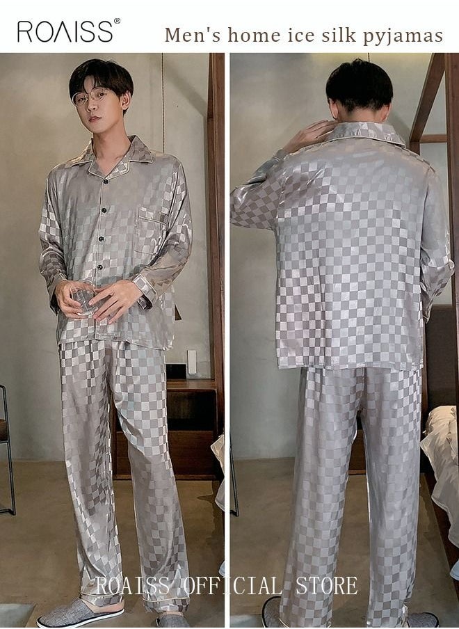 roaiss - 2-Piece Set Men's Long Sleeves Sleepwear Sets Satin Checked Printing Sleepwear Pajamas Pants Silk Nightgown Male Loose Shirts Spring Summer Loungewear Home Clothes - Image 1