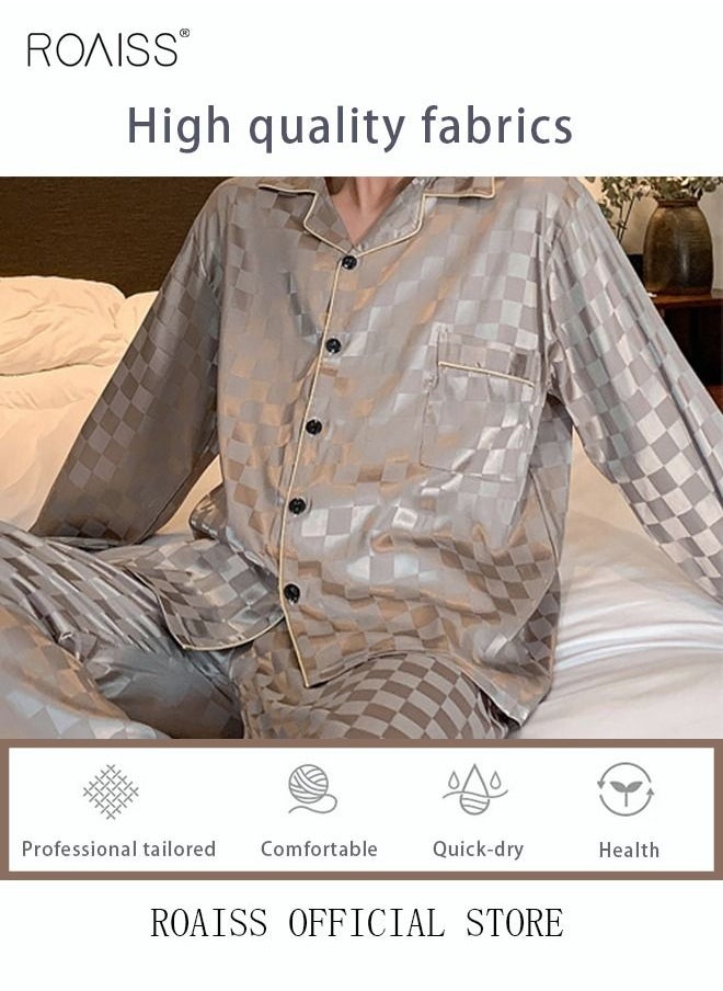 roaiss - 2-Piece Set Men's Long Sleeves Sleepwear Sets Satin Checked Printing Sleepwear Pajamas Pants Silk Nightgown Male Loose Shirts Spring Summer Loungewear Home Clothes - Image 1