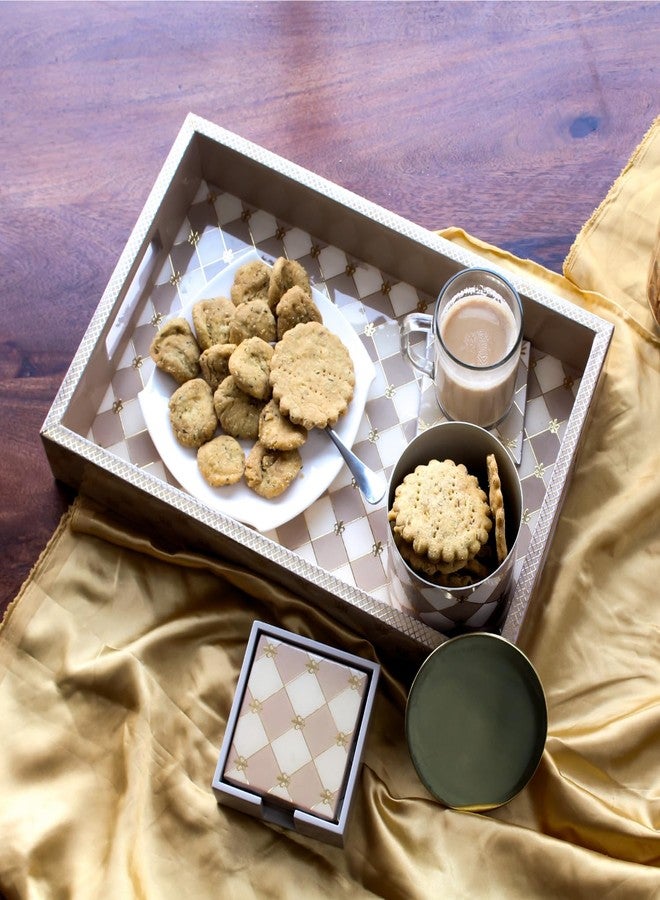 IZZHAAR Gingham Cappuccino Wooden Serving Tray, MDF Crafted Trays for Kitchen, Wedding, Gifting and Dining Table Decoration (Medium, Beige) - Image 1