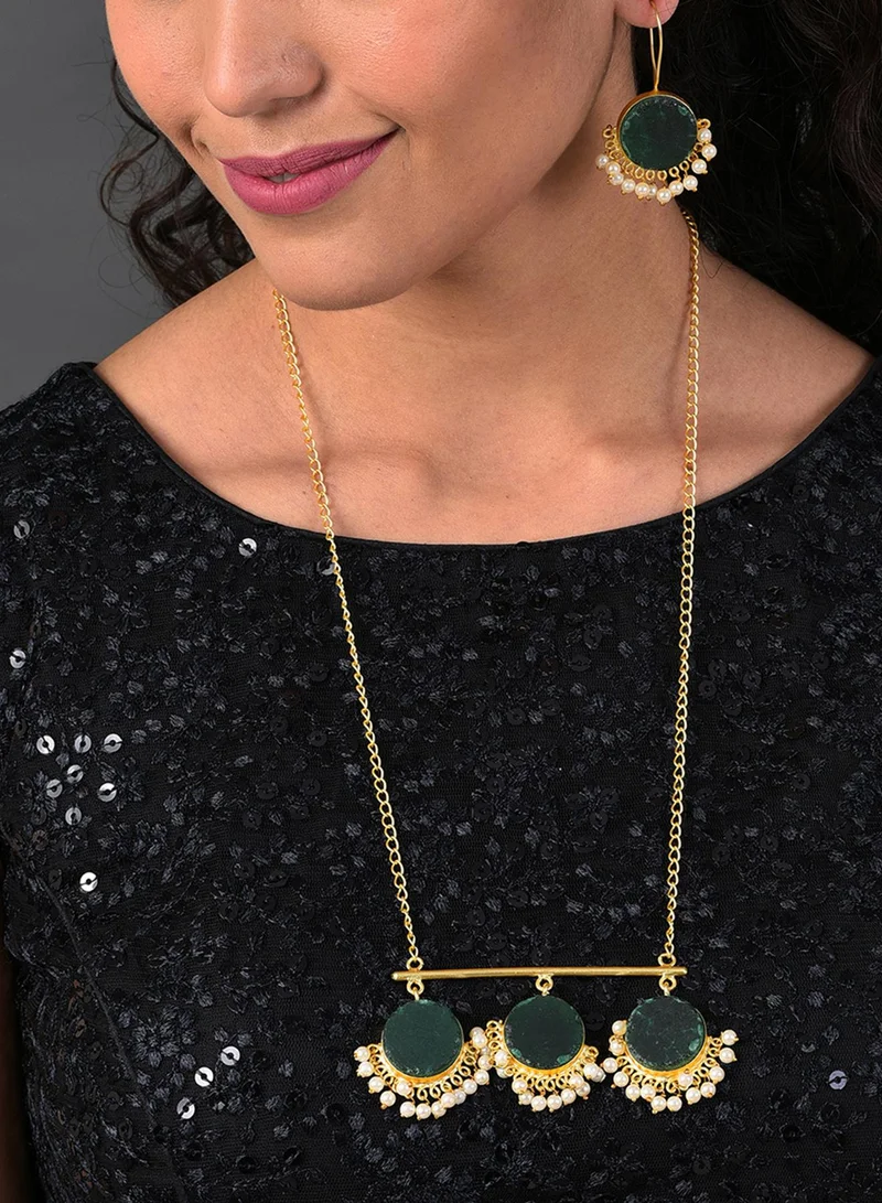 SOHI Green & White Stone-Studded & Beaded Artificial Jewellery Set