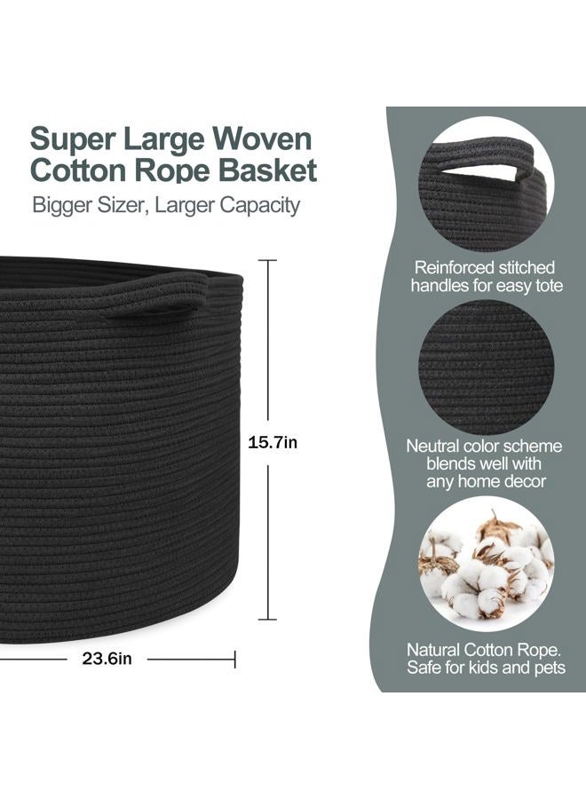 MEGASKET 115L Super Large Black Blanket Basket, 23.6"x15.7" Woven Rope Bin for Storage, Oversized Kids Dog Toy Storage Box Bins, XXXL Blanket Holder for Living Room, Jumbo Wicker Basket for Organizing - Image 2