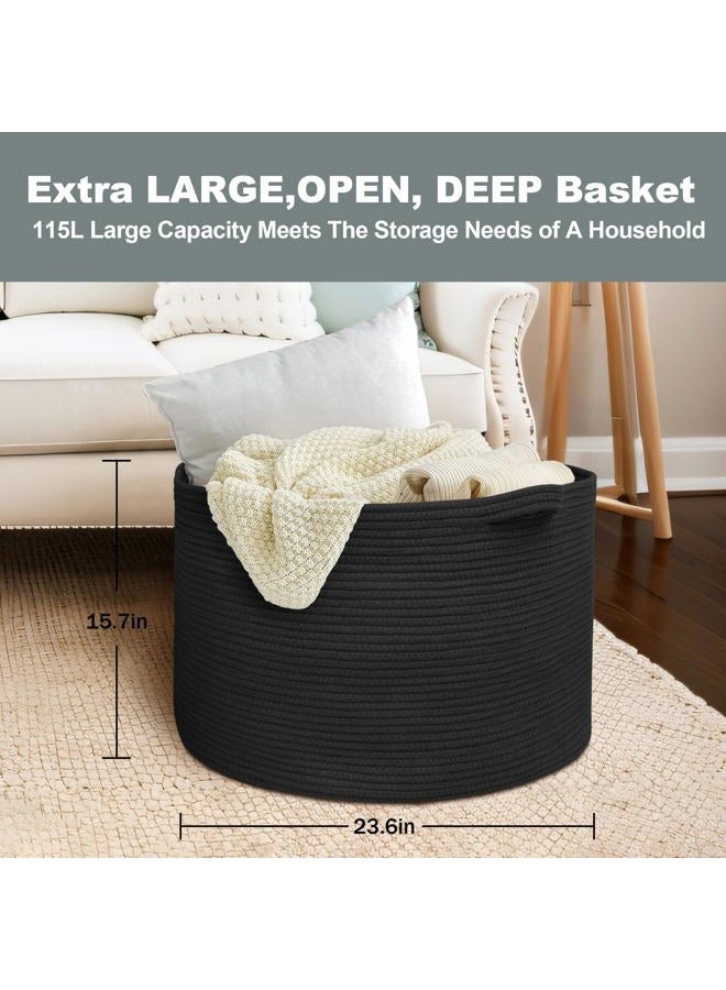 MEGASKET 115L Super Large Black Blanket Basket, 23.6"x15.7" Woven Rope Bin for Storage, Oversized Kids Dog Toy Storage Box Bins, XXXL Blanket Holder for Living Room, Jumbo Wicker Basket for Organizing - Image 3