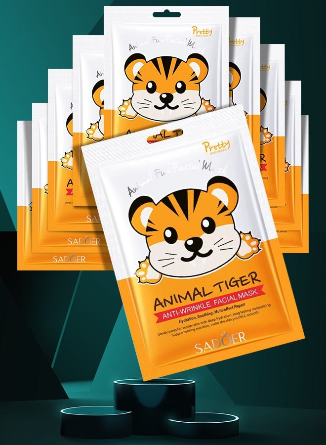 SADOER 10Pcs Moisturizing Facial Mask Tiger Character Sheet Masks Hydration Oil Control Nourishing Beauty Spa Mask for All Skin Types Collagen Skincare Face Masks for Women and Men - Image 1