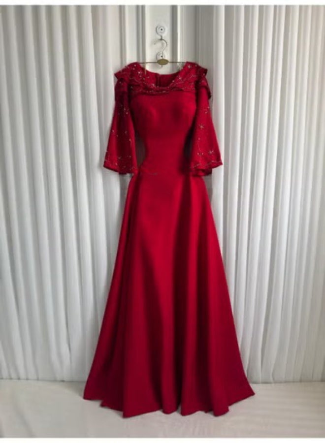 Cutie Long Red Evening Dress – Elegant Design with Embellished Sleeves and Soft Silhouette - Image 1