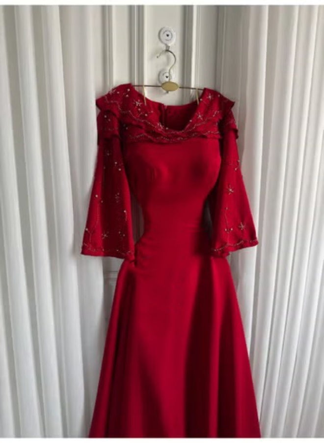 Cutie Long Red Evening Dress – Elegant Design with Embellished Sleeves and Soft Silhouette - Image 2