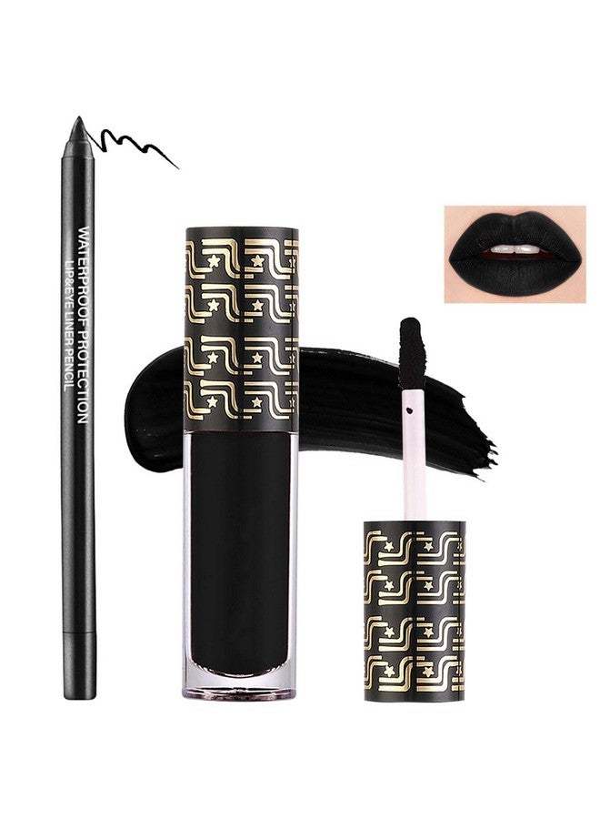 LZYLLS 2 Pcs Lip Liner And Lipstick Setpigmented Velvet Lipgloss Kit Black Matte Lipstick Lip Liner Setwaterproof Black Lip Gloss Stain Liquid Lipstick Set Cosplay Halloween Goth Makeup Gift Kit - Image 1