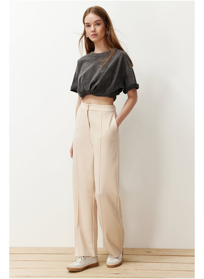 trendyol Beige Straight Cut Ribbed Woven Trousers TWOSS24PL00146  - Image 1