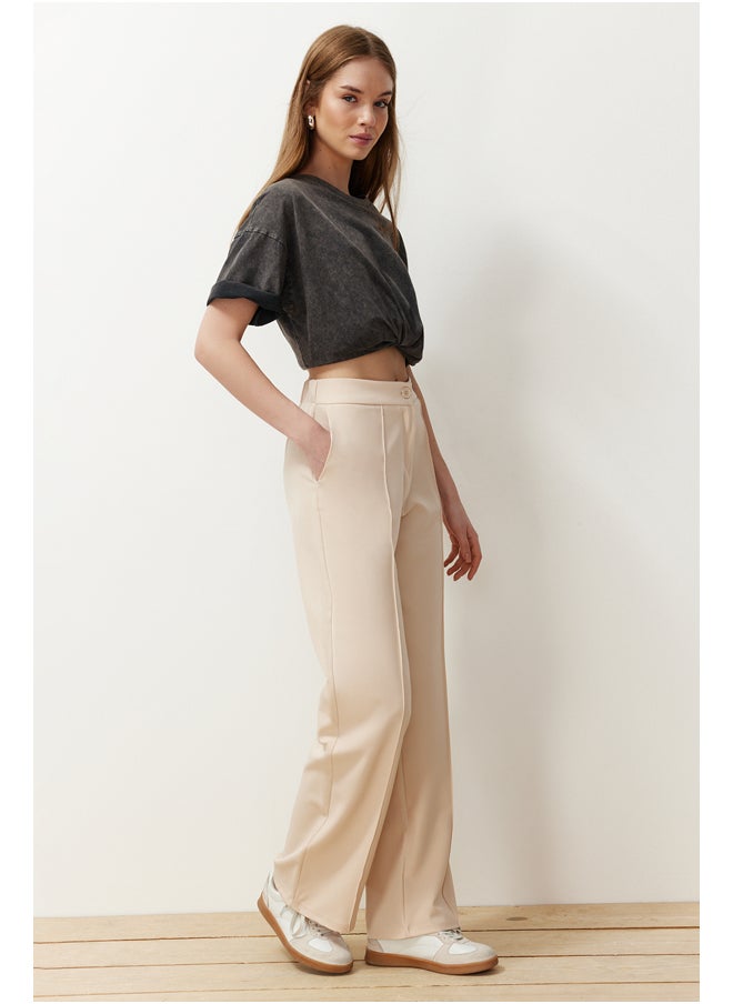 trendyol Beige Straight Cut Ribbed Woven Trousers TWOSS24PL00146  - Image 3