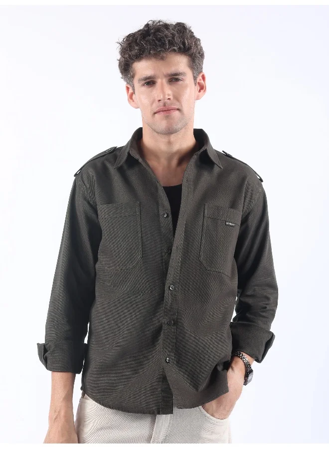 Beyoung Dark Grey Shoulder Flap Cotton Shirt