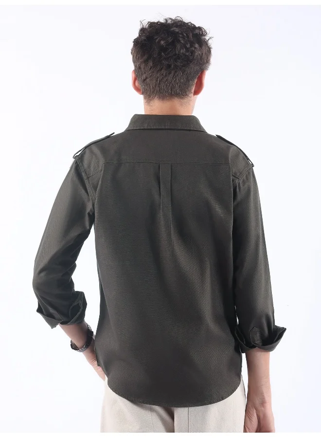 Beyoung Dark Grey Shoulder Flap Cotton Shirt